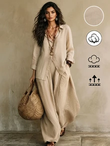 LUMIGAL Women's Khaki Loose Collar Shirt And Wide Leg Pants 2 Pieces Set - Khaki - View 1