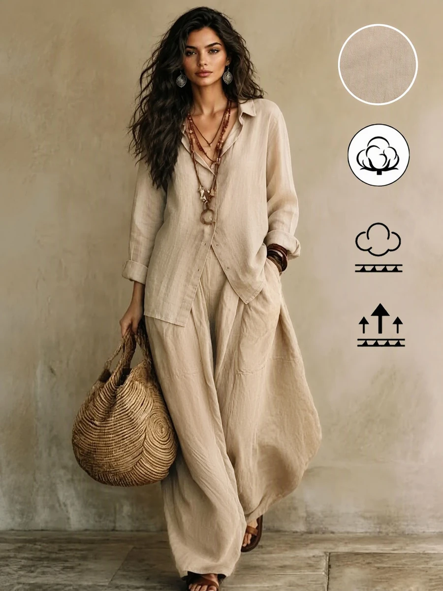 LUMIGAL Women's Khaki Loose Collar Shirt And Wide Leg Pants 2 Pieces Set - Khaki - View 1