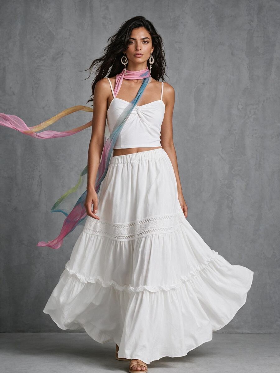 EMERY ROSE Women's Vacation Solid Color Elastic Waist Lace Ruffle Hem Skirt - White - View 1