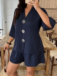 Weeklong Women's Plus Size Spring/Summer Casual Vacation V-Neck Mid-Sleeve Large Decorative Button Loose Slouchy Shorts Two Pieces Set, Suitable For Daily Vacation Wear - Navy Blue - View 4