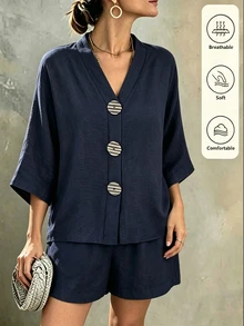 Weeklong Women's Plus Size Spring/Summer Casual Vacation V-Neck Mid-Sleeve Large Decorative Button Loose Slouchy Shorts Two Pieces Set, Suitable For Daily Vacation Wear - Navy Blue - View 3