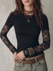 NostaNoir 新款女式時尚休閒百搭圓領撞色蕾絲長袖T恤 - 黑色 - 查看 6