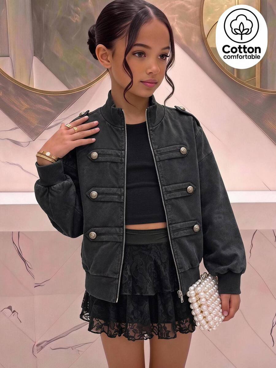 SHEIN Tween Girls Casual Knit Tween Girl Kids Long Sleeve Sweatshirt Autumn Winter Jacket - Black - View 1