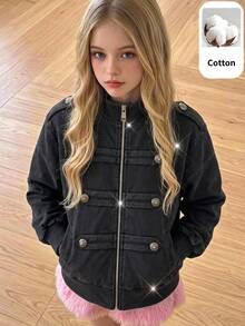 SHEIN Tween Girls Casual Knit Tween Girl Kids Long Sleeve Sweatshirt Autumn Winter Jacket - Black - View 1