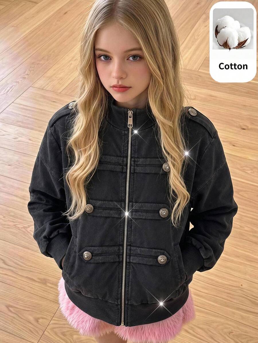 SHEIN Tween Girls Casual Knit Tween Girl Kids Long Sleeve Sweatshirt Autumn Winter Jacket - Black - View 1