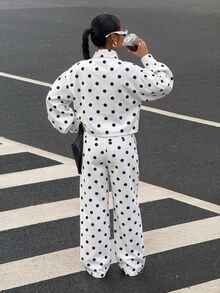 SHEIN 青少年女孩波點白色丹寧寬鬆立領短夾克與長褲兩件套 女牛仔波點兩件套 - 米色 - 查看 3