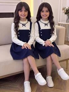 SHEIN Young Girl Bow Decor Colorblock Knit Dress Suitable For Holiday Wear Suitable For Autumn/Winter - Navy Blue - View 6