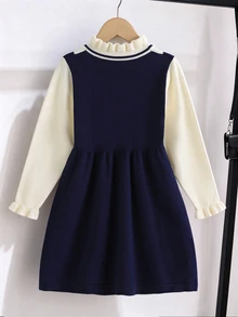 SHEIN Young Girl Bow Decor Colorblock Knit Dress Suitable For Holiday Wear Suitable For Autumn/Winter - Navy Blue - View 2