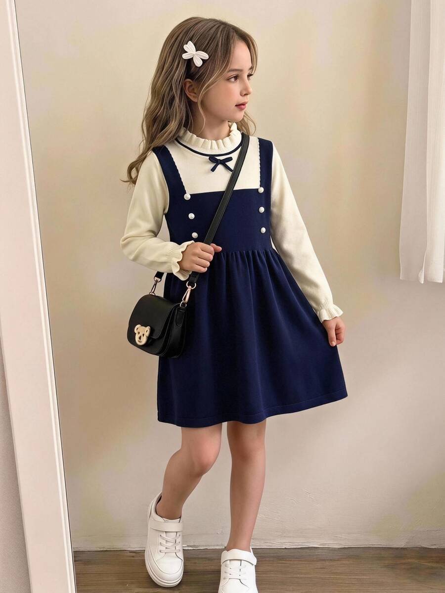 SHEIN Young Girl Bow Decor Colorblock Knit Dress Suitable For Holiday Wear Suitable For Autumn/Winter - Navy Blue - View 1