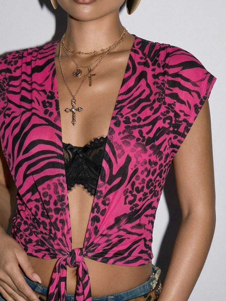 SHEIN ICON 女款休閒性感前開襟綁繩無袖上衣,豹紋上衣,斑馬紋上衣,Y2K風格服飾 - 彩色 - 查看 1