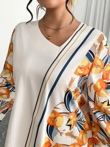 Yasmyna Plus Size Loose Woven Long Sleeve Casual Matching Elegant Arab Style Dress, Modest Autumn Vacation Family White - Multicolor - View 5