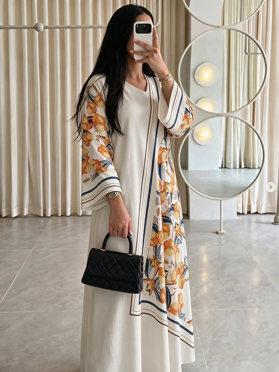Yasmyna Plus Size Loose Woven Long Sleeve Casual Matching Elegant Arab Style Dress, Modest Autumn Vacation Family White - Multicolor - View 1