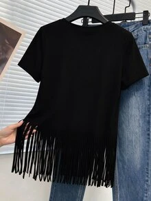 GlowEve CURVE Plus Size Casual Embellished Beaded Fringe Plus Size T-Shirt - Black - View 2