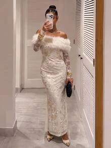 Aloruh Women's Fall/ Winter Off-Shoulder Faux Fur Velvet Patchwork Maxi Fishtail Dres Sparty Dress Christmas Party Dress - White - View 11
