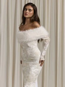 Aloruh Women's Fall/ Winter Off-Shoulder Faux Fur Velvet Patchwork Maxi Fishtail Dres Sparty Dress Christmas Party Dress - White - View 6