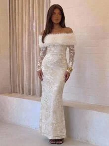 Aloruh Women's Fall/ Winter Off-Shoulder Faux Fur Velvet Patchwork Maxi Fishtail Dres Sparty Dress Christmas Party Dress - White - View 9