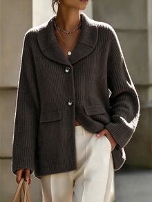 SHEIN Fall Winter Lapel Collar Button Front Knit Cardigan, Casual Loose Outerwear With Pockets - Coffee Brown - View 8