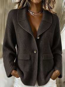 SHEIN Fall Winter Lapel Collar Button Front Knit Cardigan, Casual Loose Outerwear With Pockets - Coffee Brown - View 1