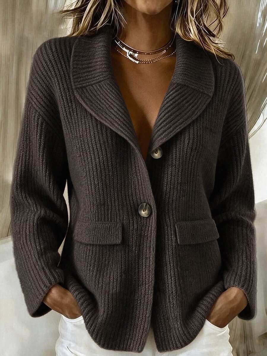 SHEIN Fall Winter Lapel Collar Button Front Knit Cardigan, Casual Loose Outerwear With Pockets - Coffee Brown - View 1