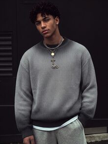 Manfinity CasualKnits 男士新款秋冬長袖印花漸層套頭針織衫，百搭羅紋毛衣 - 灰色 - 查看 1