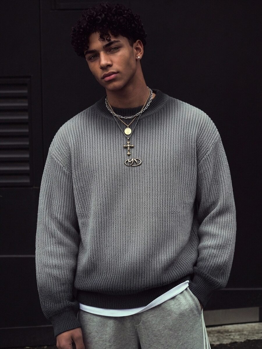 Manfinity CasualKnits 男士新款秋冬長袖印花漸層套頭針織衫,百搭羅紋毛衣 - 灰色 - 查看 1