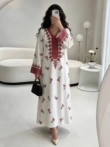Yasmyna 女式梭织印花宽松长袖阿拉伯长袍连衣裙，阿拉伯连衣裙，端庄 - 紅色 - 查看 1