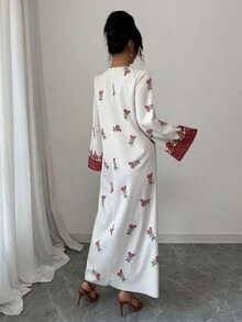 Yasmyna 女式梭织印花宽松长袖阿拉伯长袍连衣裙，阿拉伯连衣裙，端庄 - 紅色 - 查看 5