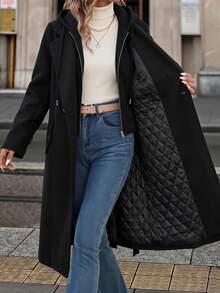 SHEIN Clasi 女款純色休閒簡約百搭連帽外套 辦公商務黑色 秋冬款 - 黑色 - 查看 1