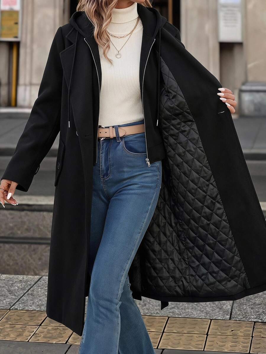 SHEIN Clasi 女款純色休閒簡約百搭連帽外套 辦公商務黑色 秋冬款 - 黑色 - 查看 1