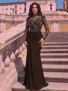 Glamrae Plus Size Women's Patchwork Sequin Mesh Ruffle Mermaid Hem Elegant Formal Evening Gown (Heavy Embellished) - Coffee Brown - View 7
