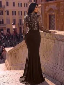 Glamrae Plus Size Women's Patchwork Sequin Mesh Ruffle Mermaid Hem Elegant Formal Evening Gown (Heavy Embellished) - Coffee Brown - View 3