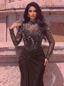 Glamrae Plus Size Women's Patchwork Sequin Mesh Ruffle Mermaid Hem Elegant Formal Evening Gown (Heavy Embellished) - Coffee Brown - View 4