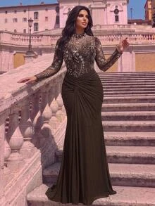 Glamrae Plus Size Women's Patchwork Sequin Mesh Ruffle Mermaid Hem Elegant Formal Evening Gown (Heavy Embellished) - Coffee Brown - View 8