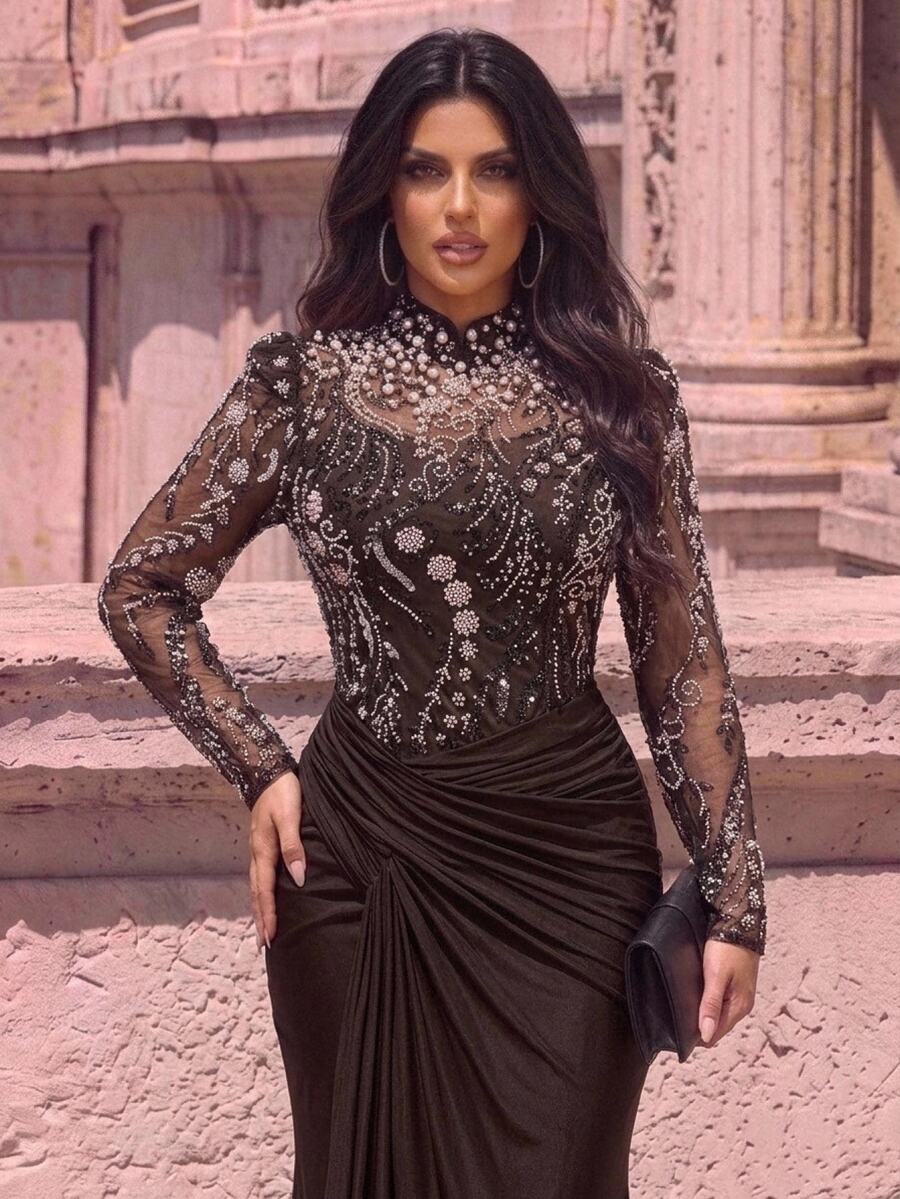 Glamrae Plus Size Women's Patchwork Sequin Mesh Ruffle Mermaid Hem Elegant Formal Evening Gown (Heavy Embellished) - Coffee Brown - View 1