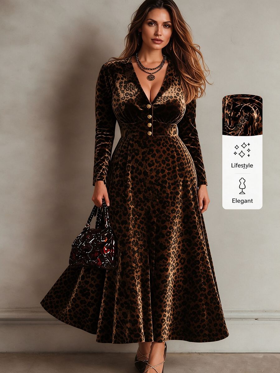 Linhara CURVE Plus Size Women's Leopard Print V-Neck Long Sleeve A-Line Pleated Elegant Dress Fall - Coffee Brown - View 1