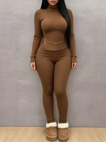 Dekonique Dekonique Women's Solid Color High Neck Long Sleeve Side Slit Top And Pants Casual 2 Pieces Set - Brown - View 1
