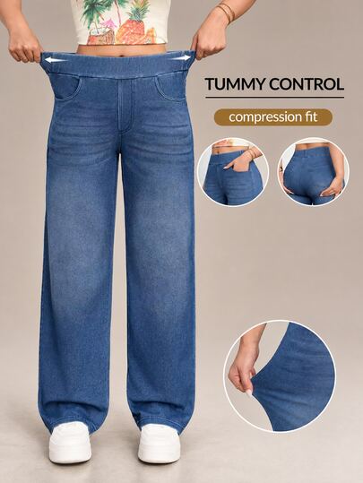 Flexra Women's Street Style Elastic Casual Sporty Denim Wide Leg Pants
