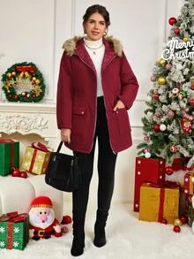 EMERY ROSE Plus Size Women's Winter Casual Smart Fur Collar Solid Color Red Padded Coat Homewear Going Out Burgundy,Christmas - Red Violet - View 6