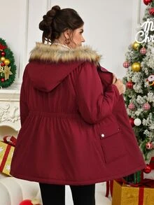 EMERY ROSE Plus Size Women's Winter Casual Smart Fur Collar Solid Color Red Padded Coat Homewear Going Out Burgundy,Christmas - Red Violet - View 2