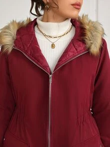EMERY ROSE Plus Size Women's Winter Casual Smart Fur Collar Solid Color Red Padded Coat Homewear Going Out Burgundy,Christmas - Red Violet - View 7