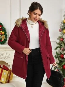 EMERY ROSE Plus Size Women's Winter Casual Smart Fur Collar Solid Color Red Padded Coat Homewear Going Out Burgundy,Christmas - Red Violet - View 1