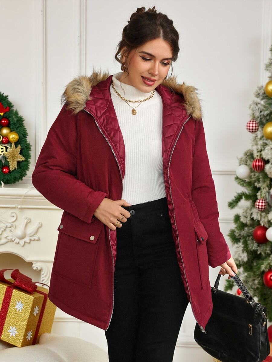 EMERY ROSE Plus Size Women's Winter Casual Smart Fur Collar Solid Color Red Padded Coat Homewear Going Out Burgundy,Christmas - Red Violet - View 1