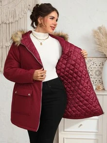 EMERY ROSE Plus Size Women's Winter Casual Smart Fur Collar Solid Color Red Padded Coat Homewear Going Out Burgundy,Christmas - Red Violet - View 8