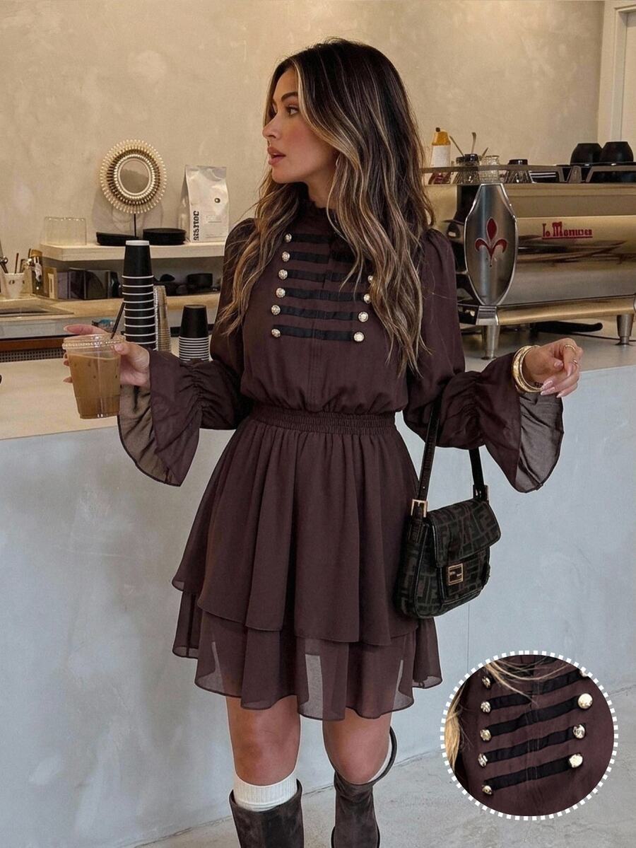 Serisse Women's Napoleon Street Style Ruffle Hem Dress - Brown - View 1