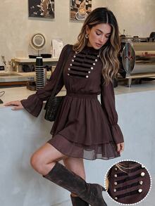 Serisse Women's Napoleon Street Style Ruffle Hem Dress - Brown - View 3
