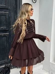 Serisse Women's Napoleon Street Style Ruffle Hem Dress - Brown - View 6