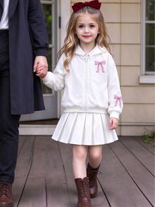 SHEIN Tween Girls Fall Clothes White 1pc Zip-Up Hoodie Jacket Butterfly Embroidery Design, Long Sleeve, Drawstring Waist Winter, Cute School Off Campus - White - View 5
