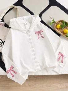 SHEIN Tween Girls Fall Clothes White 1pc Zip-Up Hoodie Jacket Butterfly Embroidery Design, Long Sleeve, Drawstring Waist Winter, Cute School Off Campus - White - View 4