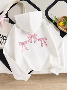 SHEIN Tween Girls Fall Clothes White 1pc Zip-Up Hoodie Jacket Butterfly Embroidery Design, Long Sleeve, Drawstring Waist Winter, Cute School Off Campus - White - View 3