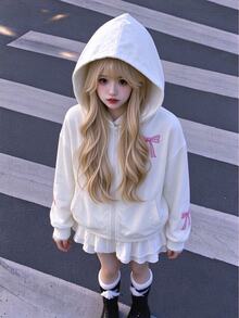 SHEIN Tween Girls Fall Clothes White 1pc Zip-Up Hoodie Jacket Butterfly Embroidery Design, Long Sleeve, Drawstring Waist Winter, Cute School Off Campus - White - View 6